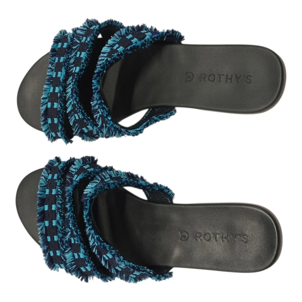 NEW Limited Edition Rothy’s Triple Band Teal Navy Blue‎ Fringe Sandals Size 8.5